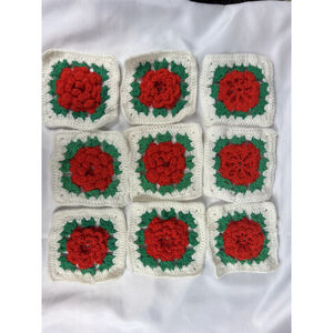 Vintage 3D Rose Granny Square Crochet 9 Squares Craft White Red Floral 6.5x6.5”